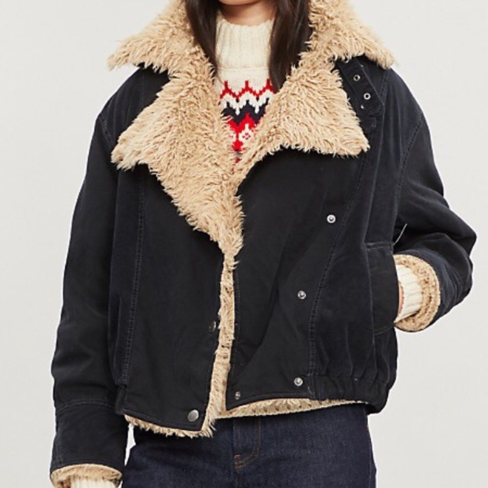 Free People Faux Fur Trimmed Cotton Denim Jacket